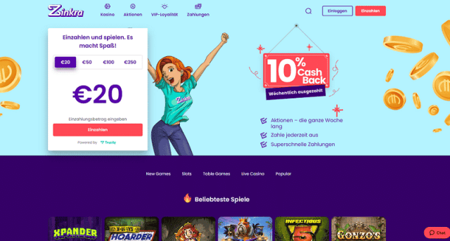 Zinkra Online Casino Webseite