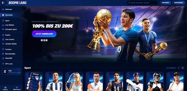Boomerang Bet Casino Startseite mit 1 Euro Einzahlung