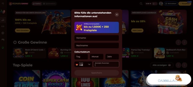 Registrierung im Roman Casino Deutschland mit No Deposit Bonus